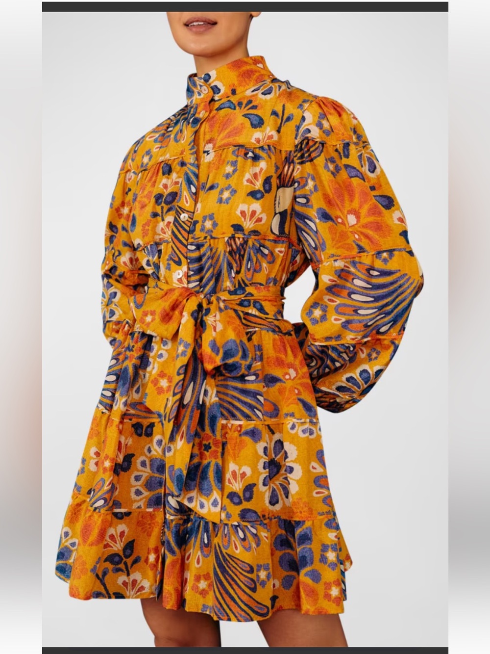 Farm Rio pineapple flowers Yellow Floral Tie-Waist mini Dress S